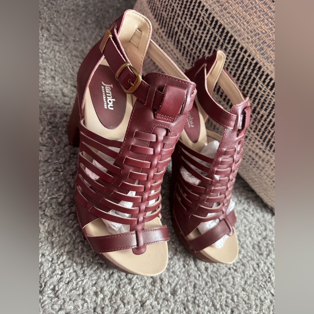 NWOB-Jambu Women's Burgundy Woven Strappy Heeled Sandals-7